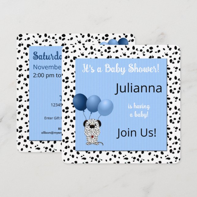 Baby Shower in Blue Dalmatian Print Invitation (Front/Back)