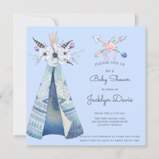 Baby Shower Indian Teepee Feathers Flowers Blue   Invitation