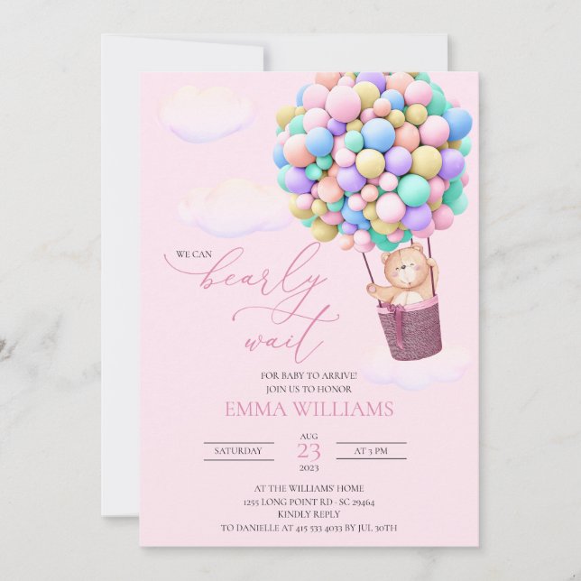 Baby Shower Invitation Bear Balloons Bearly Wait! (Front)