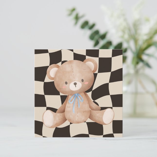 Baby Shower Invitation Bear on Chequerboard (Standing Front)