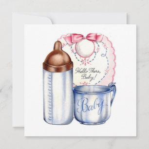 Baby Shower invitation bib, bottle and cup