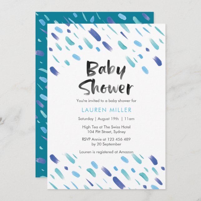 Baby Shower invitation | Blue abstract paint (Front/Back)