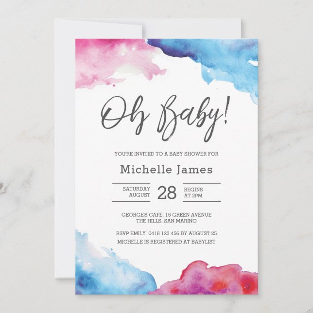 Baby Shower Invitation | Blue and pink watercolour (Front)