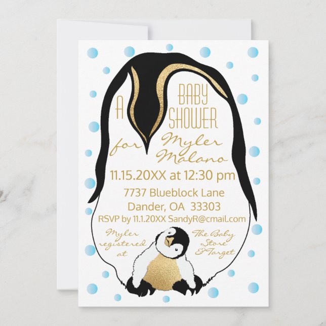 Baby Shower Invitation Blue Baby & Mummy Penguins (Front)