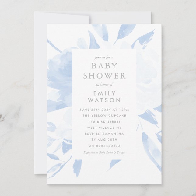 Baby Shower Invitation Blue Floral Watercolor (Front)