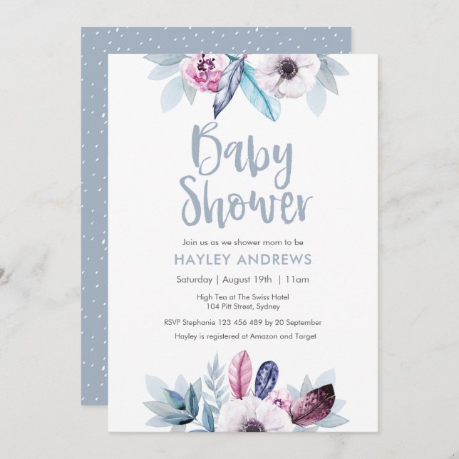 Baby Shower invitation blue purple floral feathers (Front/Back)