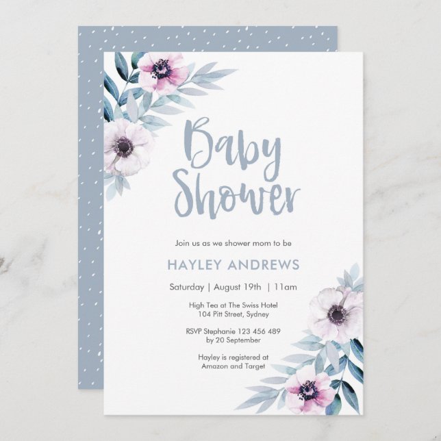 Baby Shower invitation blue purple florals (Front/Back)