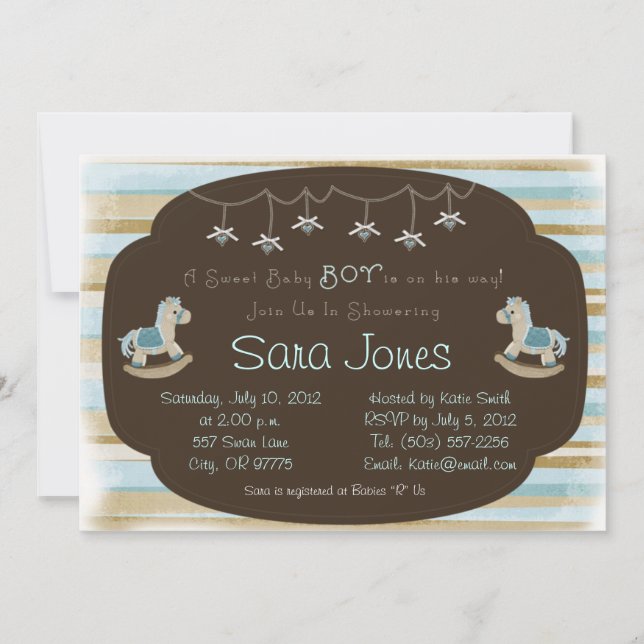 Baby Shower Invitation - Boy Blue Rocking Horse (Front)