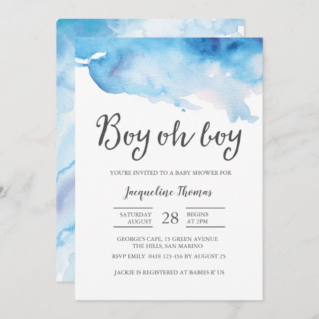 Baby Shower Invitation | Boy oh boy watercolour (Front/Back)