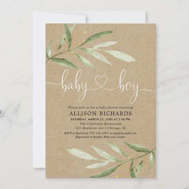 Baby shower invitation boy rustic kraft greenery (Front)