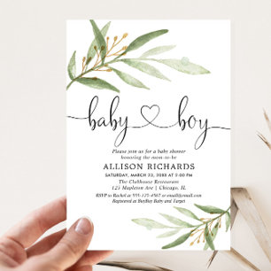 Baby shower invitation boy simple modern greenery