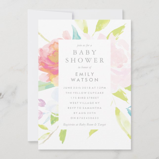 Baby Shower Invitation Bright Floral Watercolor (Front)