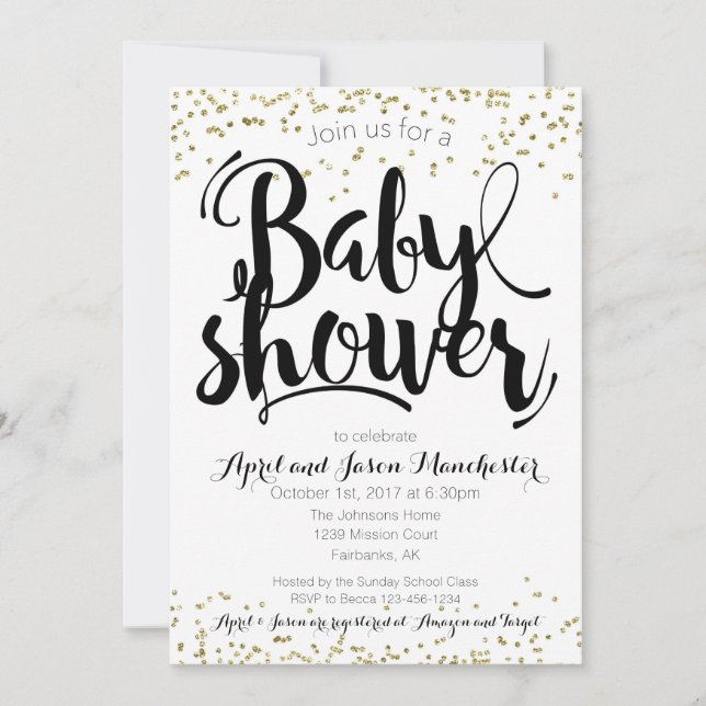 Baby Shower Invitation Card, Black White & Gold (Front)