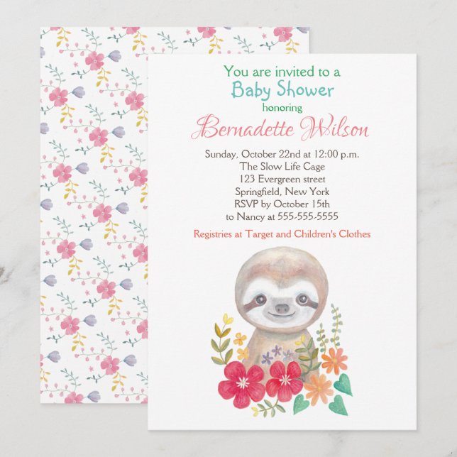 Baby Shower Invitation Cute Sloth Baby Shower (Front/Back)