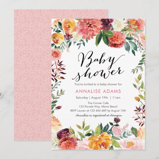 Baby Shower invitation | Fall florals (Front/Back)