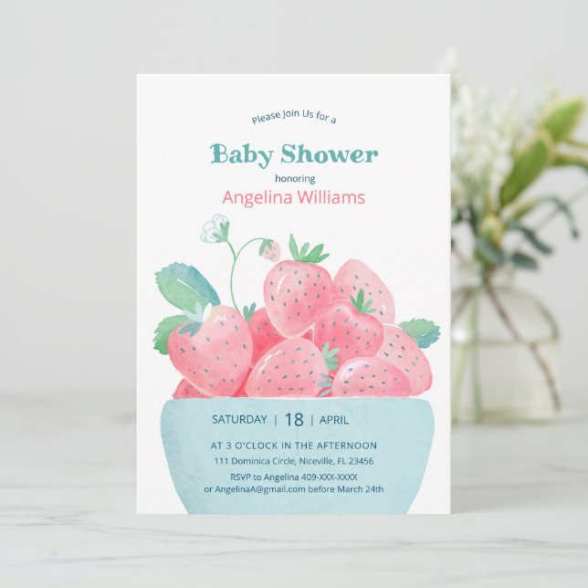 Baby shower invitation featuring cute strawberries (Standing Front)