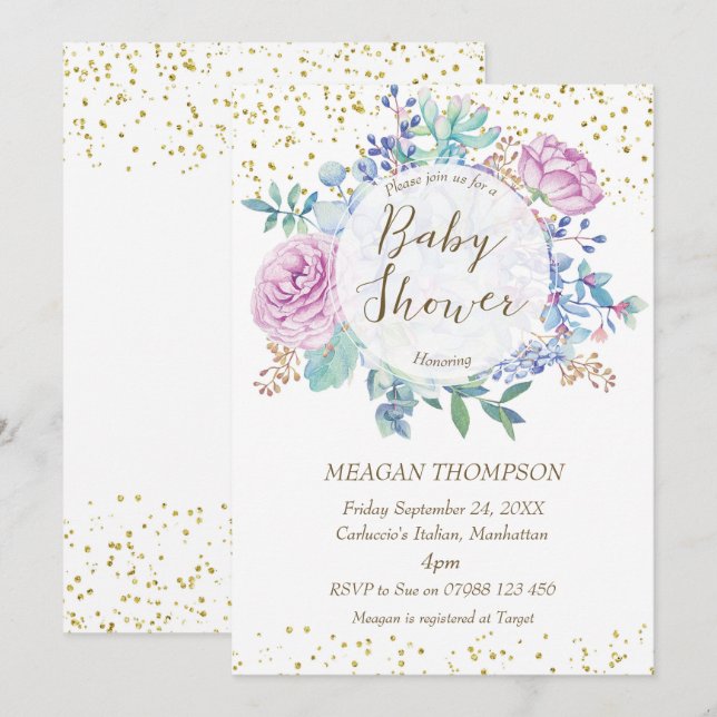 baby shower invitation floral faux gold glitter (Front/Back)