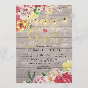 Baby Shower Invitation Floral Wood & String Lights
