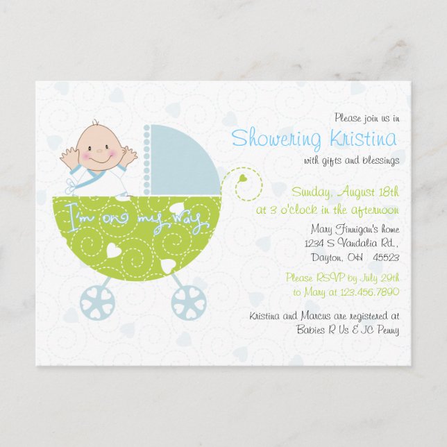 Baby Shower Invitation for Baby Boy Blue Carriage (Front)