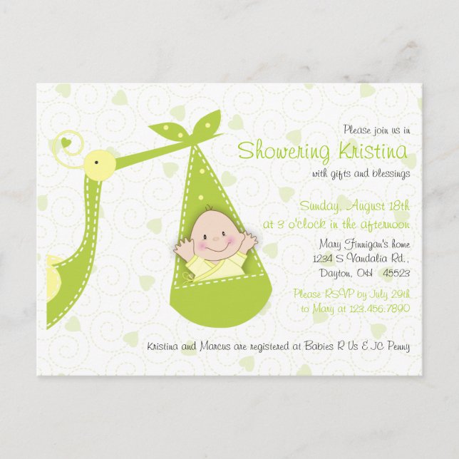 Baby Shower Invitation for Baby Gender UnknowStork Postcard (Front)