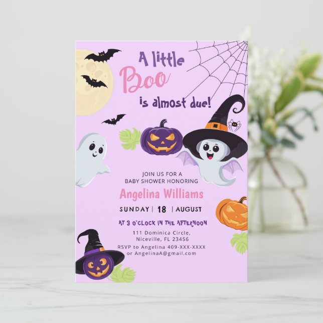 Baby shower invitation for Little Boo Halloween. (Standing Front)