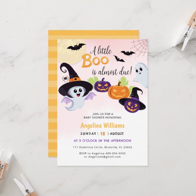 Baby shower invitation for Little Boo Halloween. (Front/Back In Situ)