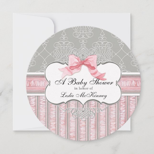 Baby Shower Invitation - French Bow Damask Swirl (Front)