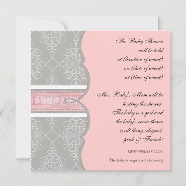 Baby Shower Invitation - French Bow Damask Swirl (Back)