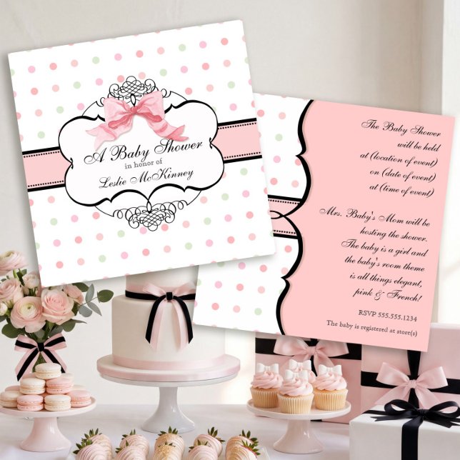 Baby Shower Invitation - French Bow Dot Swirl (Creator Uploaded)