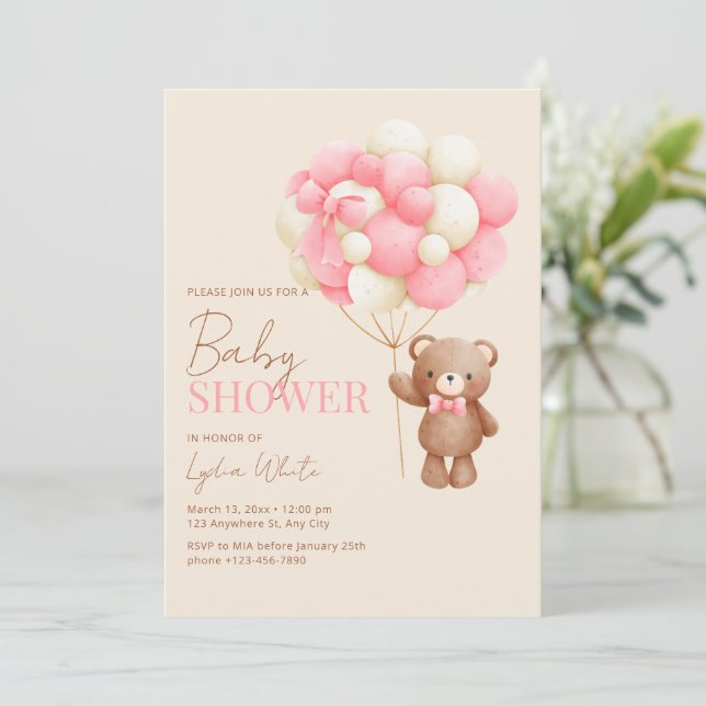 Baby Shower Invitation Girl, Pink Baby Teddy Bear (Standing Front)