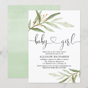 Baby shower invitation girl simple modern greenery