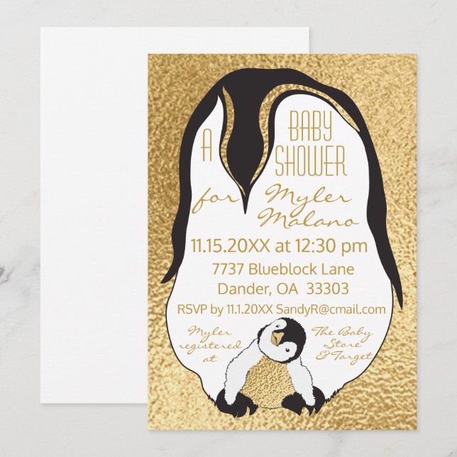 Baby Shower Invitation Gold Baby & Mummy Penguin (Front/Back)