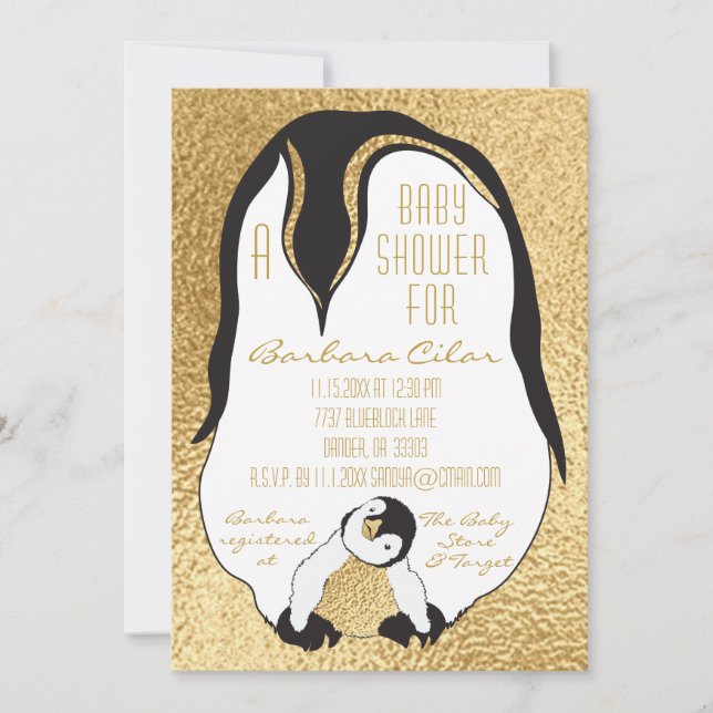 Baby Shower Invitation Gold Baby & Mummy Penguin (Front)