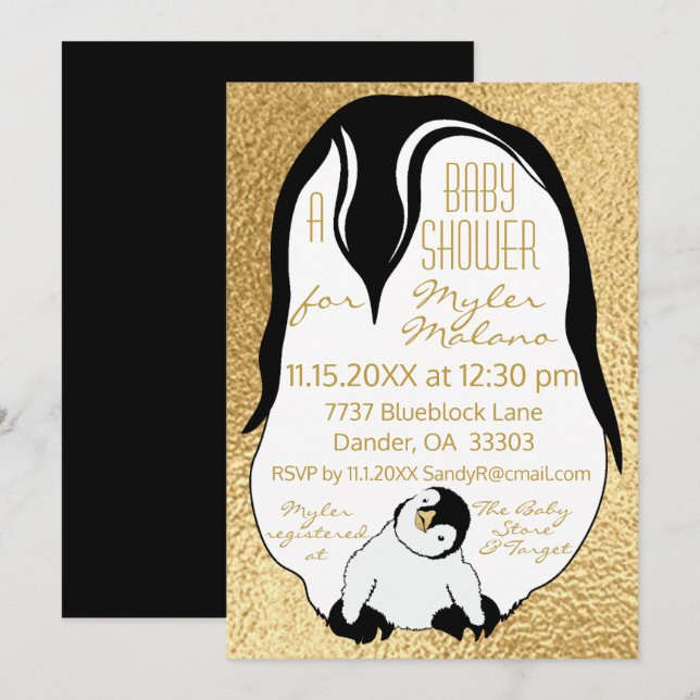 Baby Shower Invitation Gold Baby & Mummy Penguins (Front/Back)