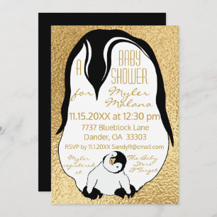 Baby Shower Invitation Gold Baby & Mummy Penguins