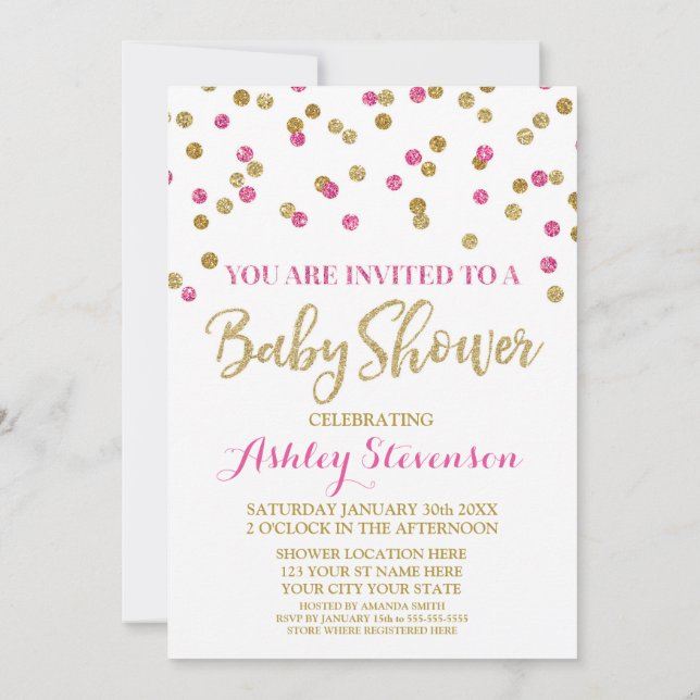 Baby Shower Invitation Gold Pink Fuchsia Confetti (Back)