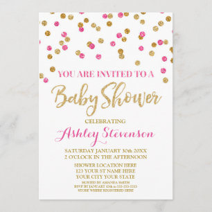 Baby Shower Invitation Gold Pink Fuchsia Confetti