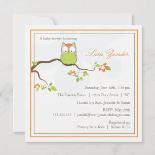 Baby Shower Invitation - Green and Orange Baby Owl