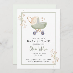 baby shower invitation green flowers pram