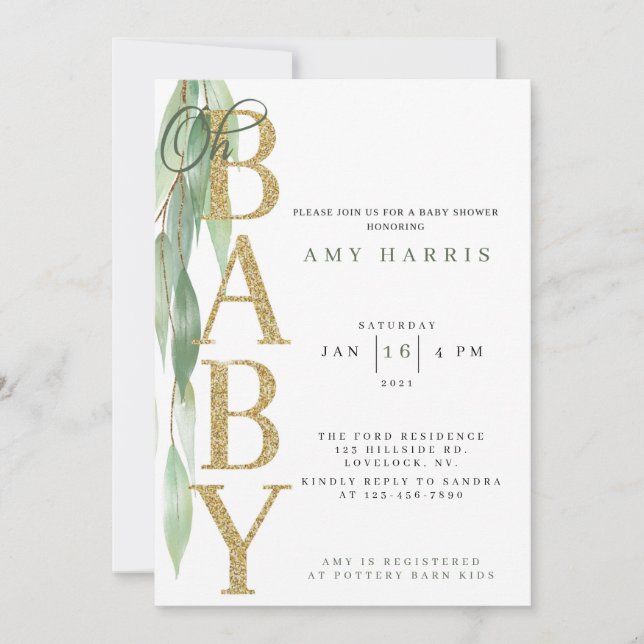 BABY SHOWER INVITATION|greenery|Sage green Invitation (Front)