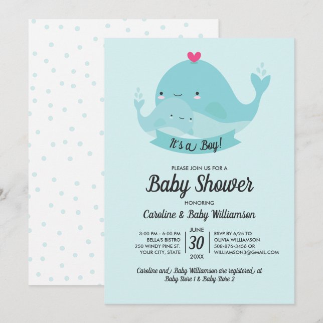 Baby Shower Invitation It's a Boy Cute Whale (Front/Back)