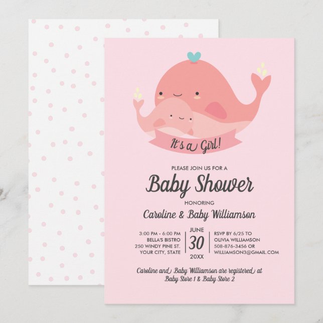 Baby Shower Invitation It's a Girl Cute Whale (Front/Back)
