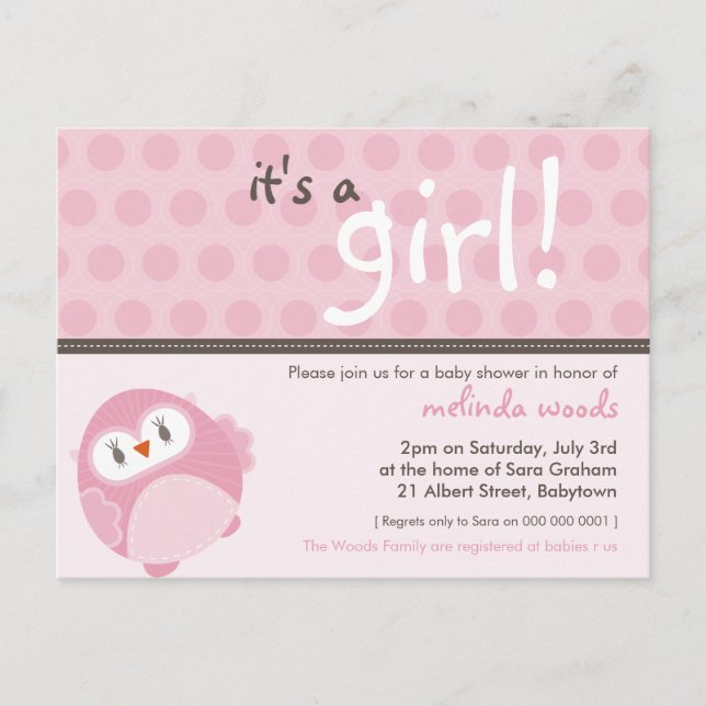 BABY SHOWER INVITATION :: it's a girl owl 4 (Front)