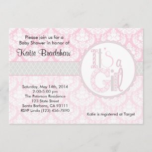 Baby Shower Invitation "It's a Girl!" Pink Damask