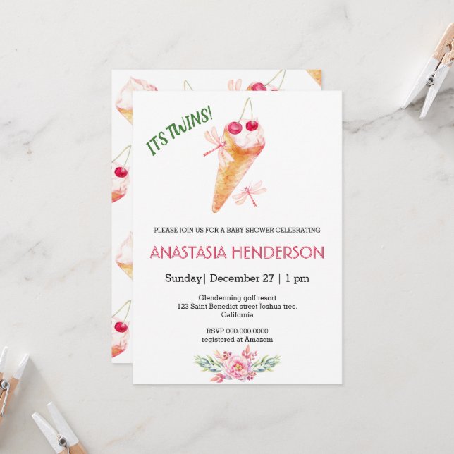 Baby shower invitation.It's twins! Invitation (Front/Back In Situ)