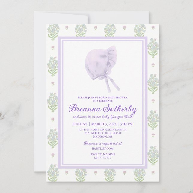 Baby Shower Invitation Lavender with Bonnet (Front)