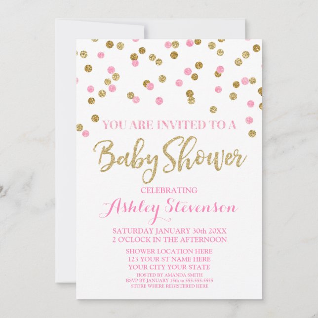 Baby Shower Invitation Light Pink Gold Confetti (Back)