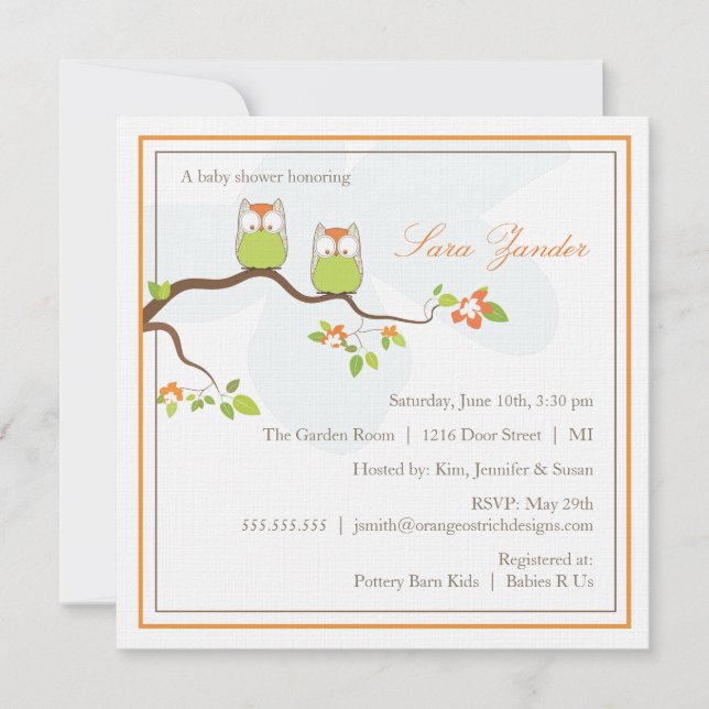 Baby Shower Invitation - Neutral Twin Baby Owls (Front)