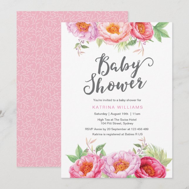 Baby Shower invitation | Peony watercolor flowers (Front/Back)