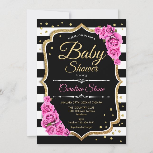 Baby Shower Invitation Pink Black White Stripes (Front)